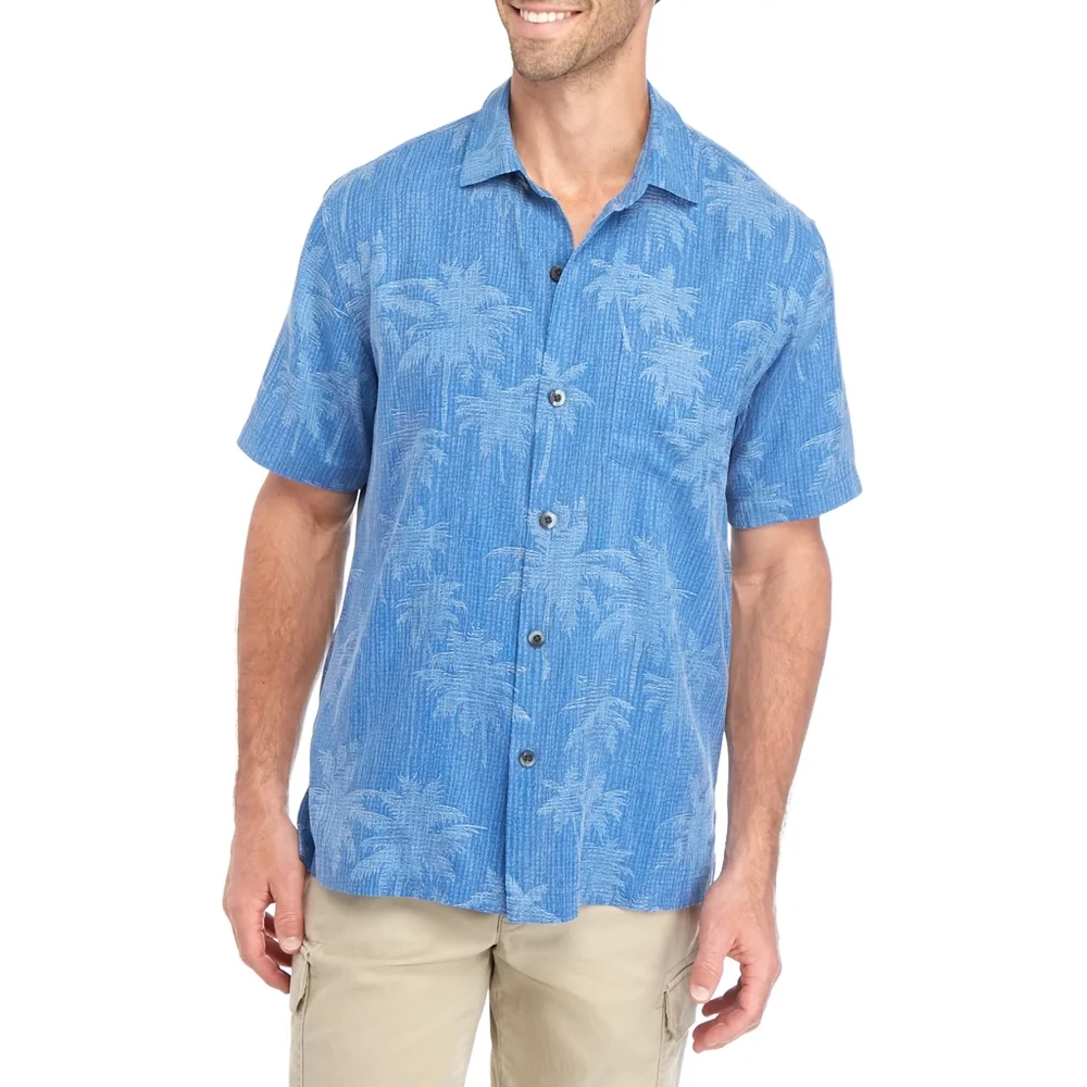 New! TOMMY BAHAMA Digital Palms 100% Silk Button-Down Shirt Short Sleeve Blue XL